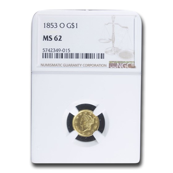 1853-O $1 Liberty Head Gold MS-62 NGC 1853-O $1 Liberty Head Gold MS-62 NGC